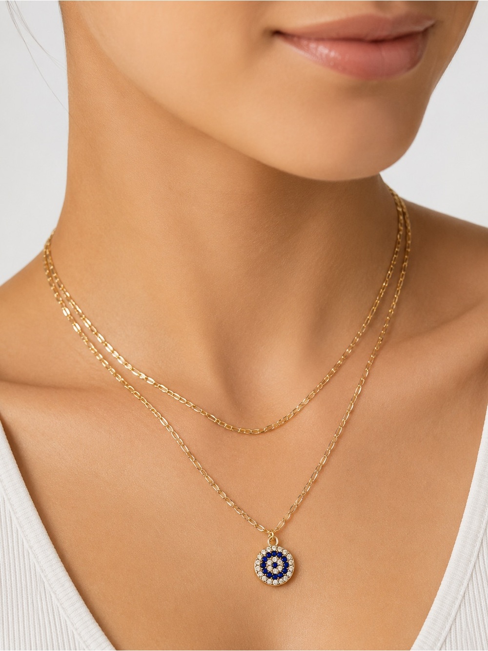 Gold Layered Evil Eye Necklace | Double Chain Blue Crystal Pendant | Adjustable
